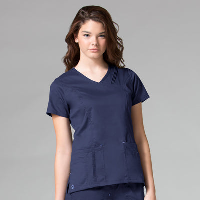 Women's 2 Pocket Blossom Pintuck Mock Wrap Scrub Top