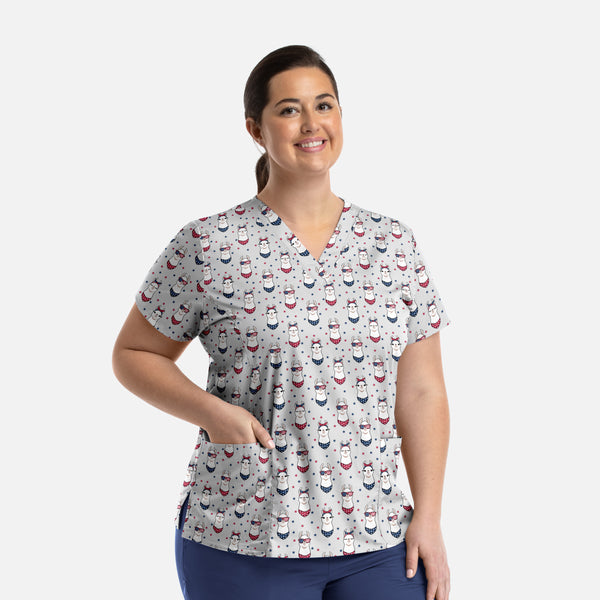 Women's 2 Pocket Prints V-Neck Print Scrub Top