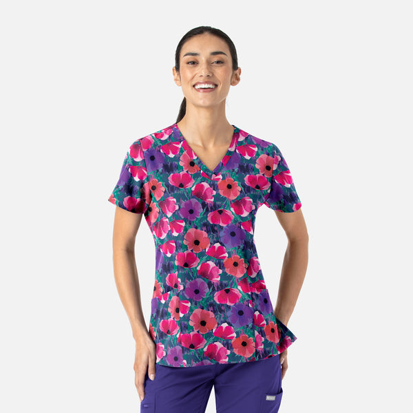 Women's 2 Pocket Prints Curved V-Neck Print Scrub Top
