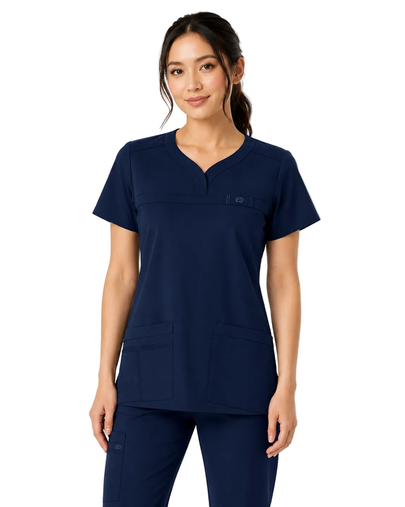 NAVY - WonderWink Patience Women's 2 Pocket Curved Notch-Neck Scrub Top for Nursing - Image 1