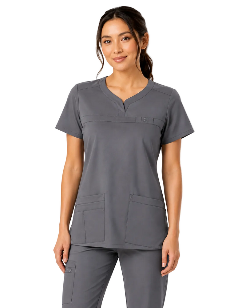 PEWTER - WonderWink Patience Women's 2 Pocket Curved Notch-Neck Scrub Top for Nursing - Image 1