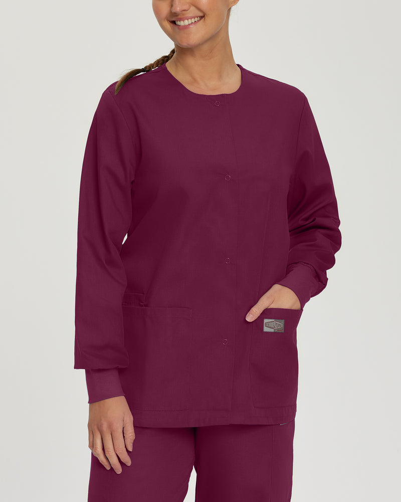 WINE - Landau Women's 3-Pocket Snap-Front Warm-Up Scrub Jacket - Image 1