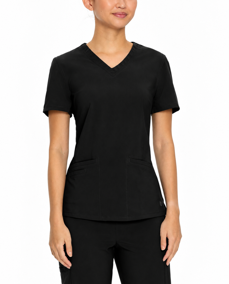 Top de uniforme médico de rendimiento con cuello en V y 3 bolsillos para mujer