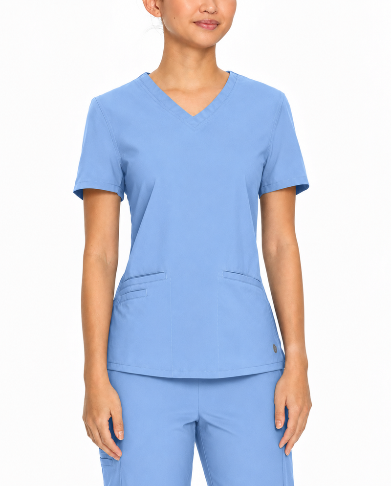 Top de uniforme médico de rendimiento con cuello en V y 3 bolsillos para mujer