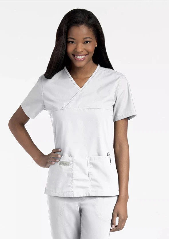 WHITE - Women's 2 Pocket Mock Wrap V-Neck Scrub Top for Nursing - Image 4