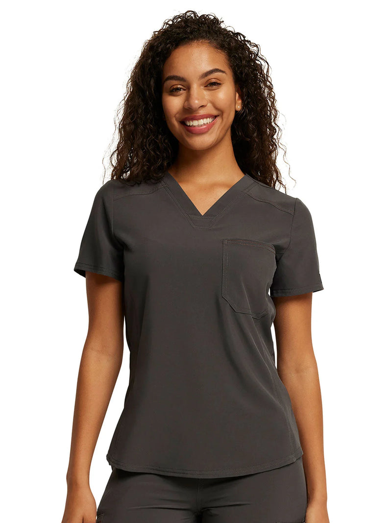 PEWTER - Dickies Riveting Women's 1 Pocket Tuck-In V-Neck Scrub Top for Nursing - Image 4