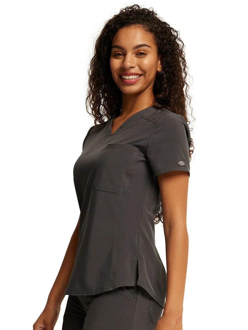 PEWTER - Dickies Riveting Women's 1 Pocket Tuck-In V-Neck Scrub Top for Nursing - Image 2