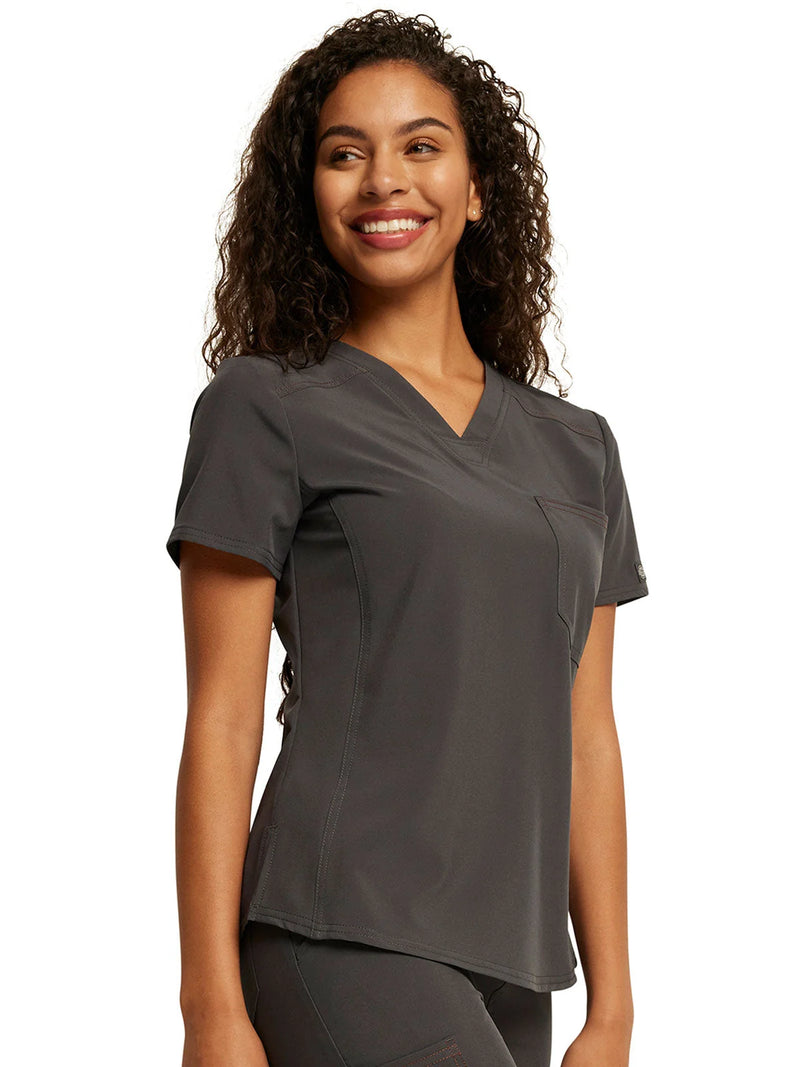 PEWTER - Dickies Riveting Women's 1 Pocket Tuck-In V-Neck Scrub Top for Nursing - Image 3
