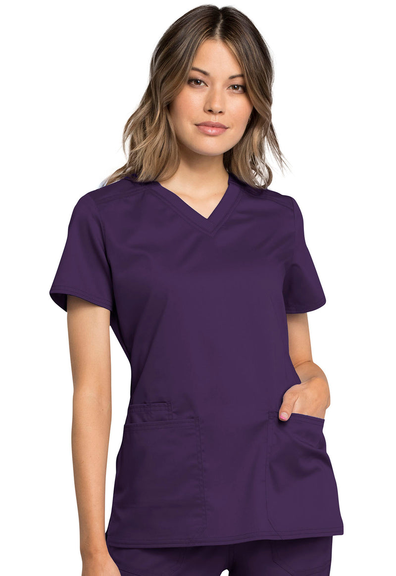 EGGPLANT - Cherokee Workwear Revolution Tech Women's 2 Pocket V-Neck Scrub Top - Image 1