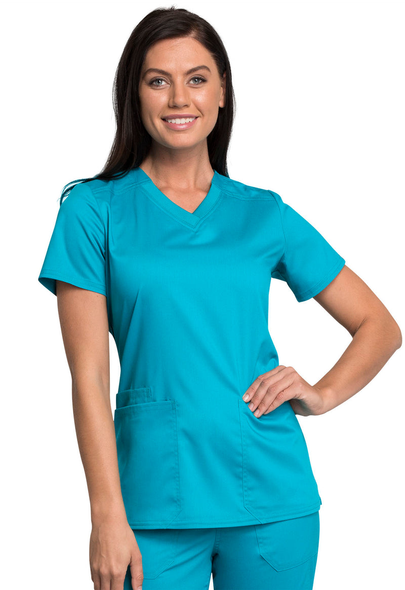 TEAL BLUE - Cherokee Workwear Revolution Tech Women's 2 Pocket V-Neck Scrub Top - Image 1