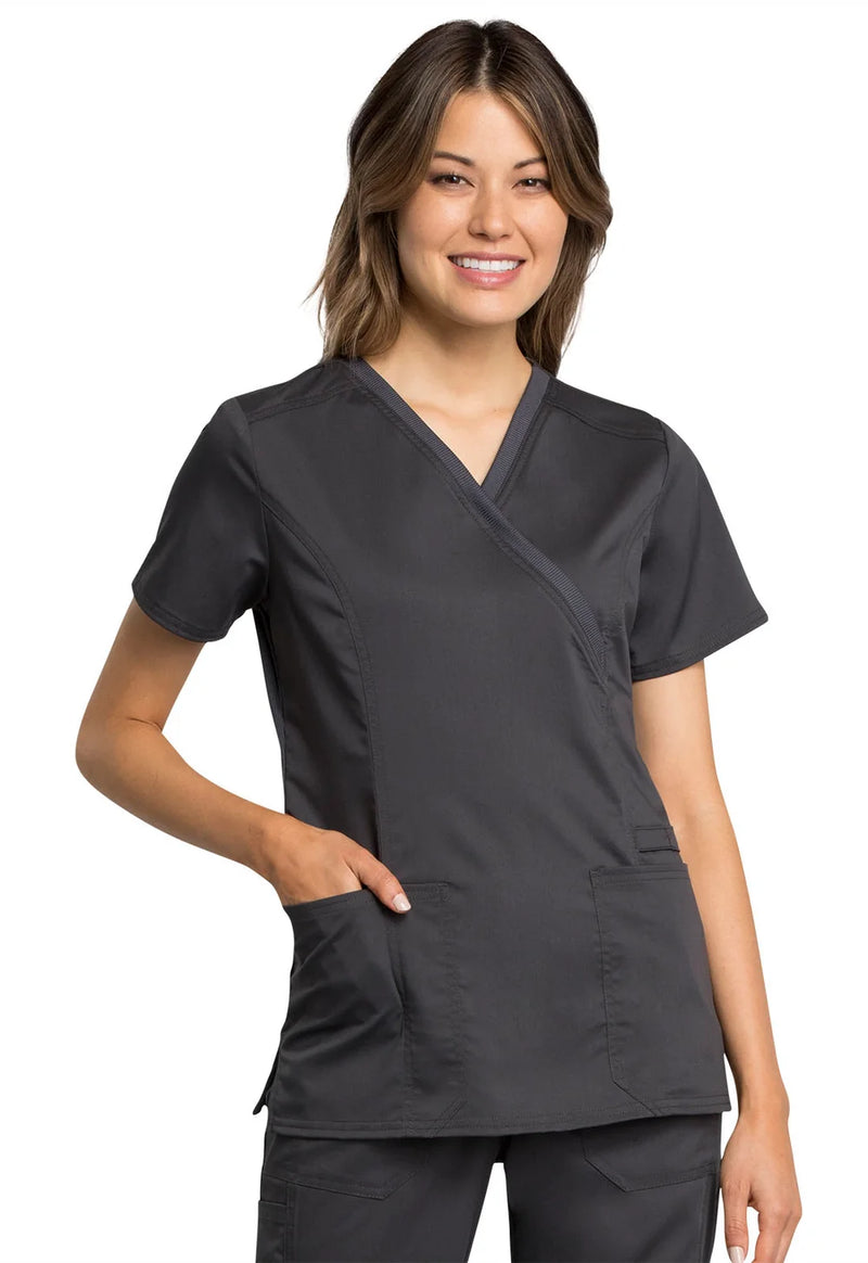 PEWTER - Cherokee Workwear Revolution Tech Women's 4 Pocket Mock Wrap Scrub Top for Nursing - Image 1
