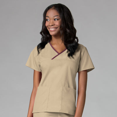 Women's 2 Pocket Contrast Mock Wrap Scrub Top