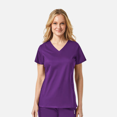 Top de uniforme médico deportivo de cuello en V curvo con paneles de malla y 4 bolsillos para mujer