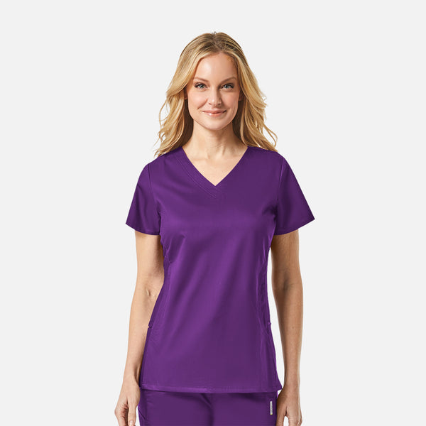 Top de uniforme médico deportivo de cuello en V curvo con paneles de malla y 4 bolsillos para mujer