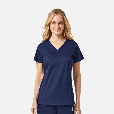 Women's 4 Pocket Sporty Mesh Panel Curved V Neck Scrub Top