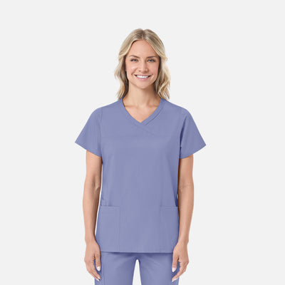 Blusa de uniforme médico simulada con cuello cruzado y 2 bolsillos para mujer