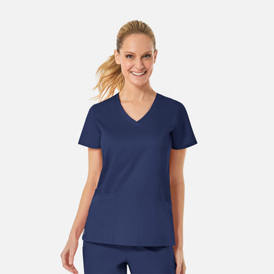 Women's 3 Pocket Back Mesh Panel Curved V-Neck Scrub Top