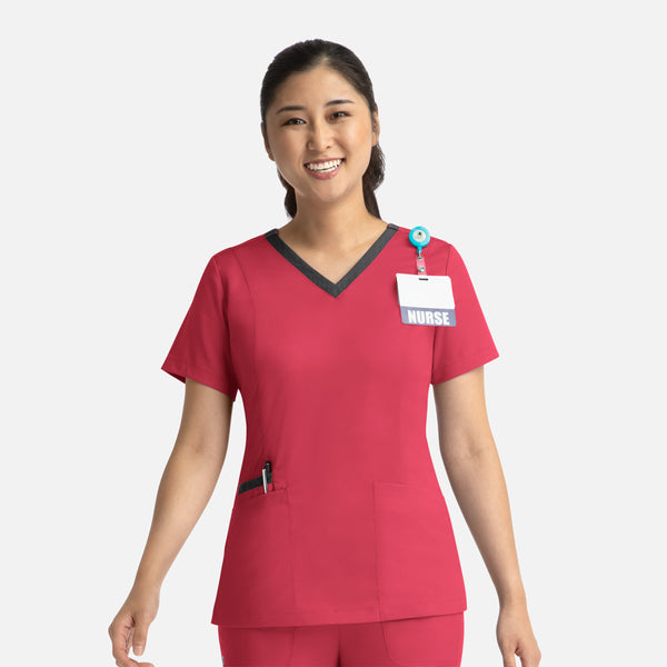 Women's 3 Pocket Matrix Contrast Double V-Neck Scrub Top