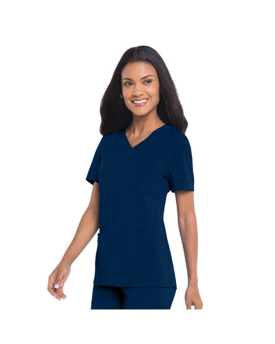 Top de uniforme médico de rendimiento con cuello en V y 3 bolsillos para mujer