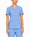 Top de uniforme médico de rendimiento con cuello en V y 3 bolsillos para mujer
