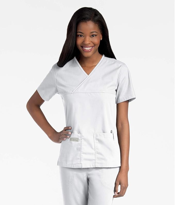 WHITE - Women's 2 Pocket Mock Wrap V-Neck Scrub Top for Nursing - Image 1