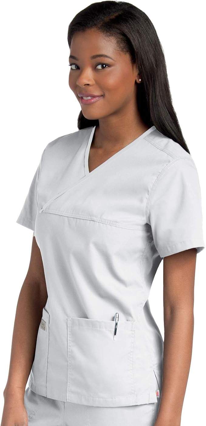 WHITE - Women's 2 Pocket Mock Wrap V-Neck Scrub Top for Nursing - Image 5