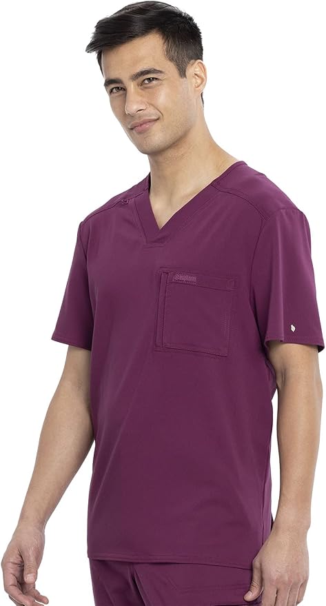 WINE - Cherokee Euphoria Men's 2 Pocket Tuckable V-Neck Scrub Top for Nursing - Image 2
