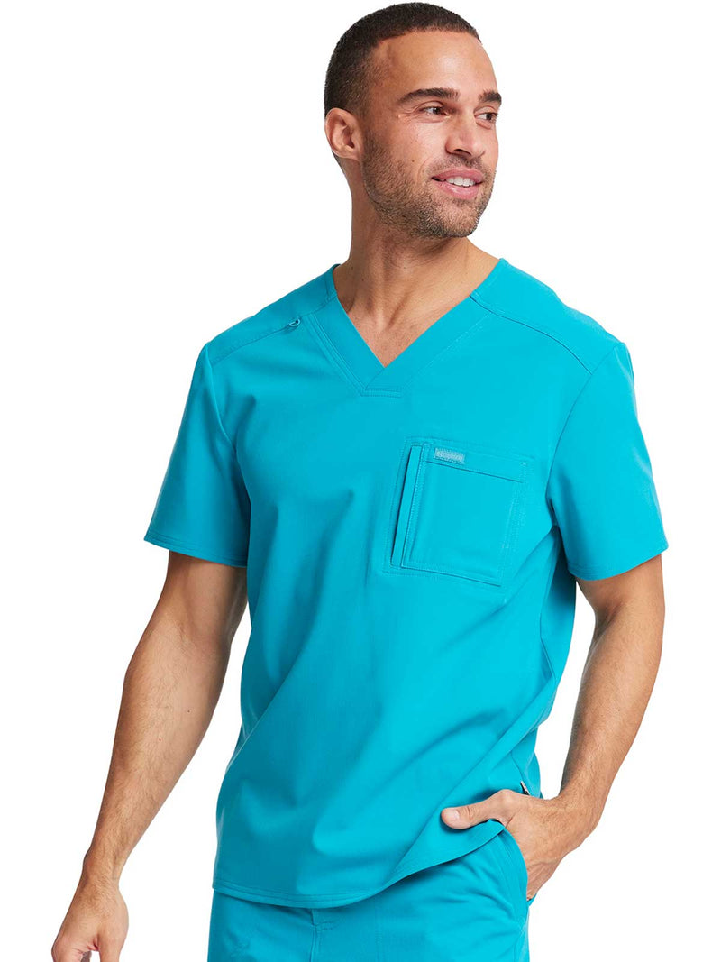 TEAL BLUE - Cherokee Euphoria Men's 2 Pocket Tuckable V-Neck Scrub Top for Nursing - Image 1