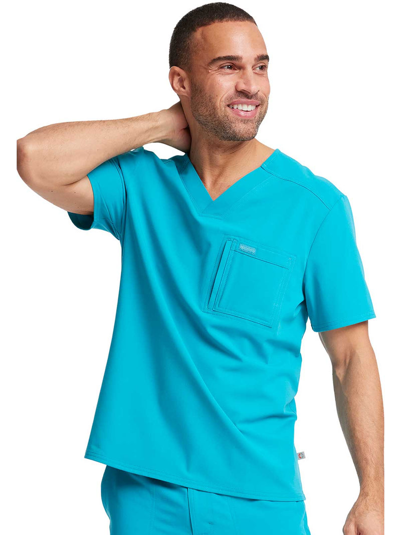 TEAL BLUE - Cherokee Euphoria Men's 2 Pocket Tuckable V-Neck Scrub Top for Nursing - Image 3