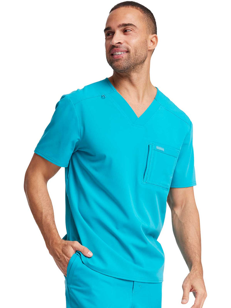 TEAL BLUE - Cherokee Euphoria Men's 2 Pocket Tuckable V-Neck Scrub Top for Nursing - Image 4