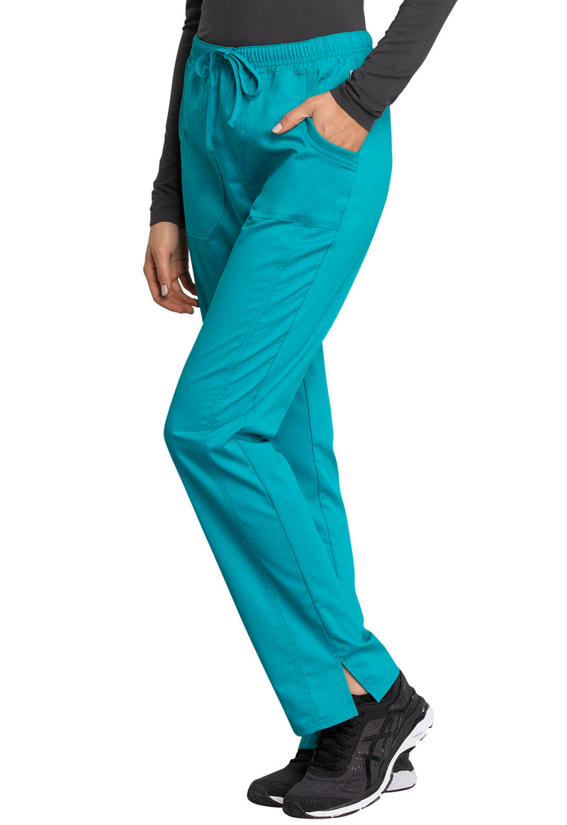TEAL BLUE - Cherokee Workwear Revolution Tech Women's Petite 3 Pocket Mid Rise Straight Leg Drawstring Scrub Pant - Image 2
