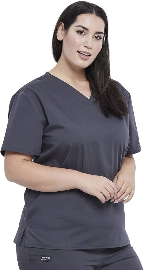 PEWTER - Cherokee Workwear Professionals Unisex Pocketless Tuckable V-Neck Scrub Top for Nursing - Image 4