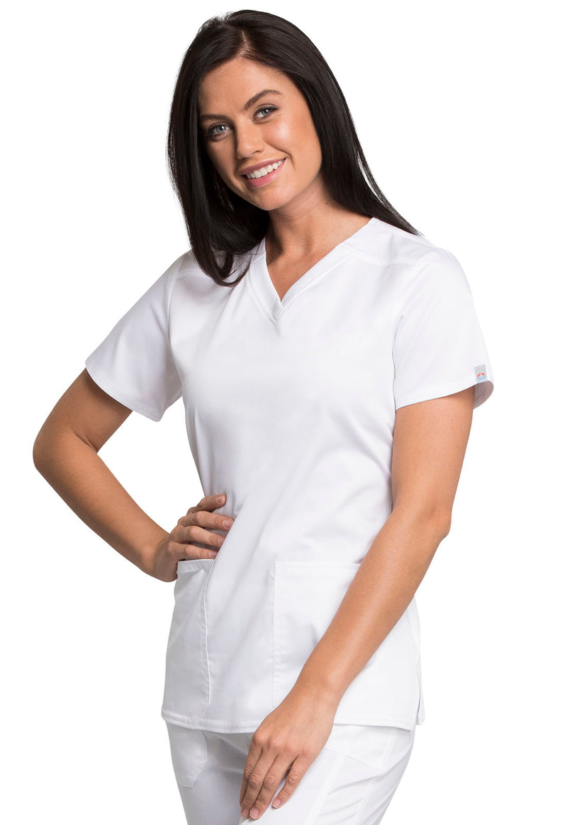 WHITE - Cherokee Workwear Revolution Tech Women's 2 Pocket V-Neck Scrub Top - Image 2